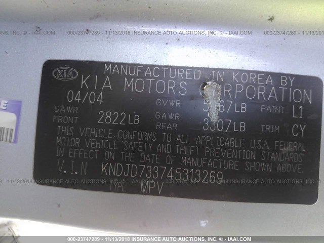 KNDJD733745313269 - 2004 KIA SORENTO EX/LX BLUE photo 9