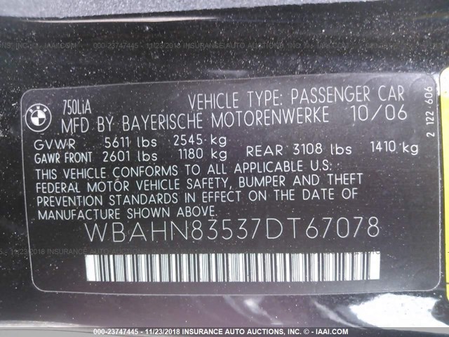 WBAHN83537DT67078 - 2007 BMW 750 BLACK photo 9