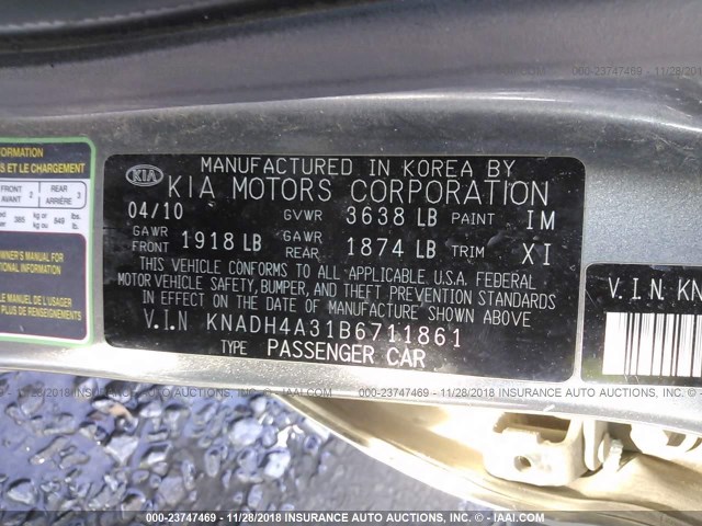 KNADH4A31B6711861 - 2011 KIA RIO LX/SX GRAY photo 9