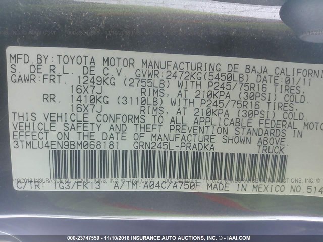 3TMLU4EN9BM068181 - 2011 TOYOTA TACOMA DOUBLE CAB 灰色 照片 9