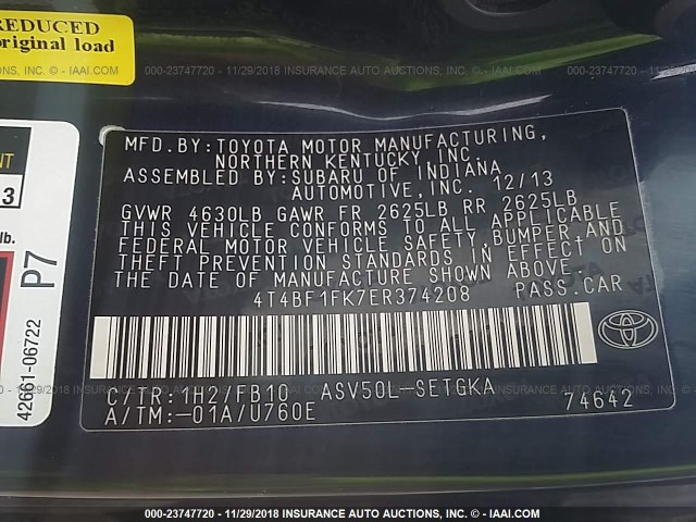 4T4BF1FK7ER374208 - 2014 TOYOTA CAMRY L/SE/LE/XLE Qara foto 9