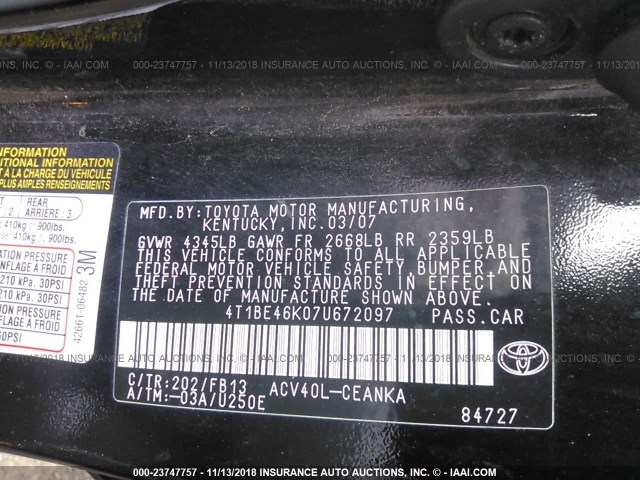 4T1BE46K07U672097 - 2007 TOYOTA CAMRY NEW GENERAT CE/LE/XLE/SE BLACK photo 9