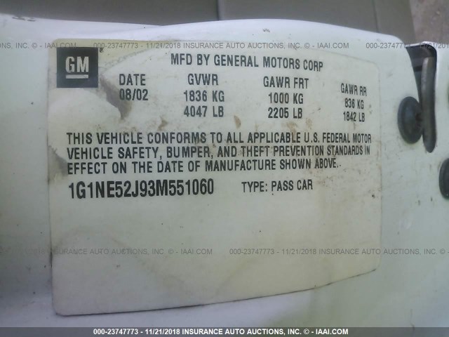 1G1NE52J93M551060 - 2003 CHEVROLET MALIBU LS WHITE photo 9