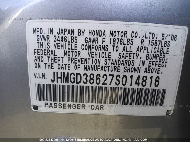 JHMGD38627S014816 - 2007 HONDA FIT S 银色 照片 9