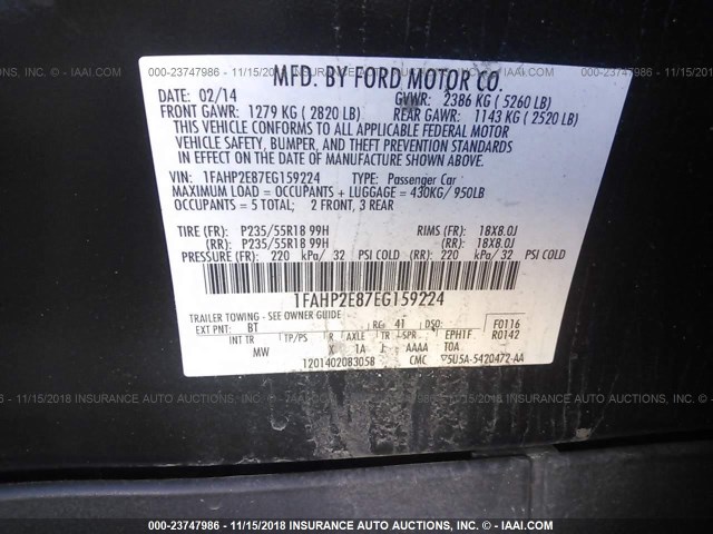 1FAHP2E87EG159224 - 2014 FORD TAURUS SEL BLACK photo 9