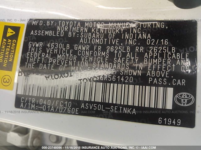 4T4BF1FK5GR561420 - 2016 TOYOTA CAMRY LE/XLE/SE/XSE WHITE photo 9