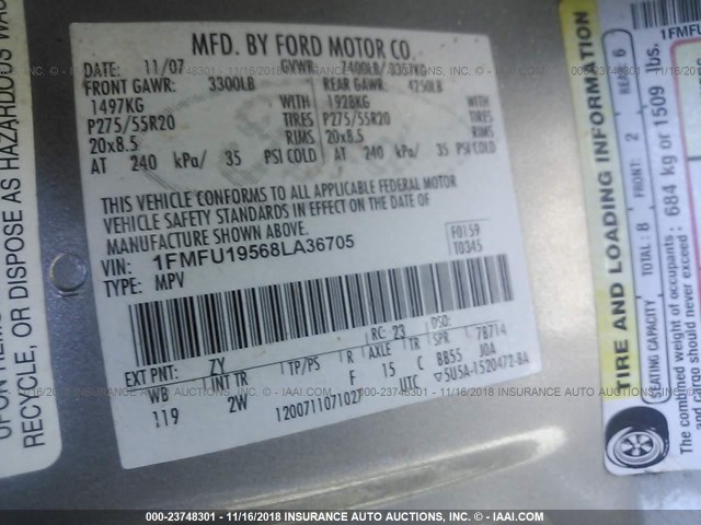 1FMFU19568LA36705 - 2008 FORD EXPEDITION LIMITED GRAY photo 9