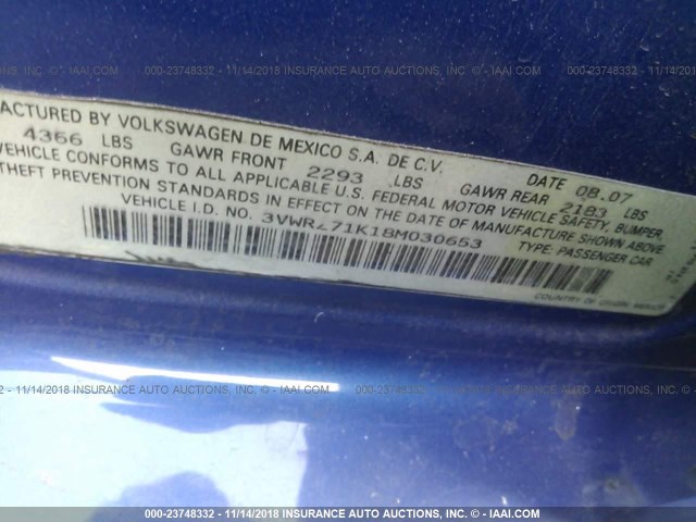 3VWRZ71K18M030653 - 2008 VOLKSWAGEN JETTA SE/SEL BLUE photo 9