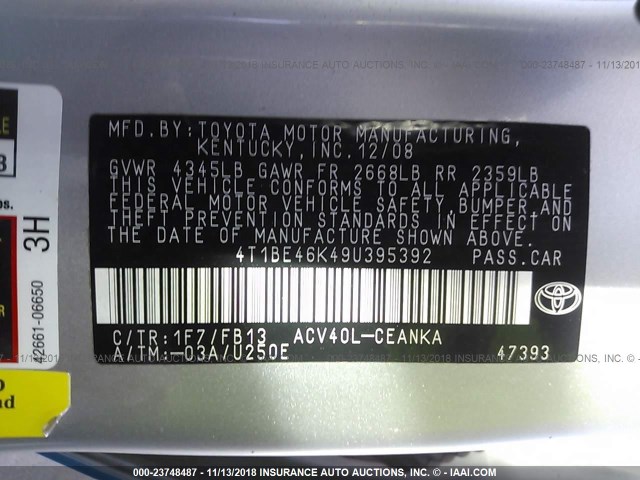 4T1BE46K49U395392 - 2009 TOYOTA CAMRY SE/LE/XLE ლურჯი ფოტო 9