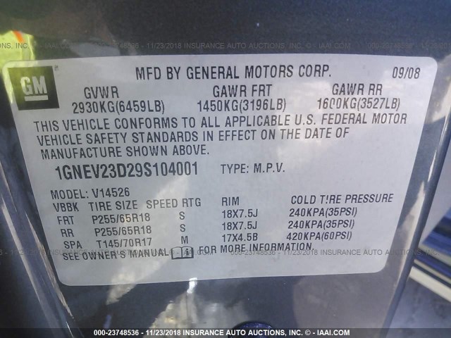 1GNEV23D29S104001 - 2009 CHEVROLET TRAVERSE LT GRAY photo 9