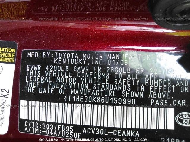 4T1BE30K86U159990 - 2006 TOYOTA CAMRY LE/XLE/SE RED photo 9