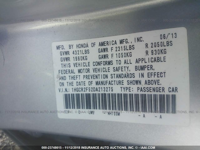 1HGCR2F52DA213275 - 2013 HONDA ACCORD SPORT SILVER photo 9