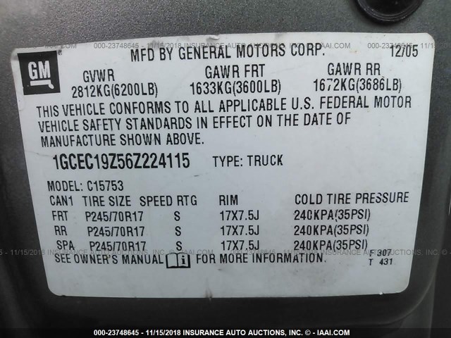 1GCEC19Z56Z224115 - 2006 CHEVROLET SILVERADO C1500 GRAY photo 9