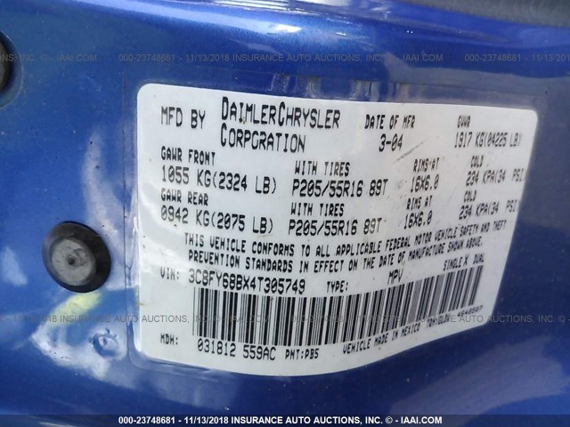 3C8FY68BX4T305749 - 2004 CHRYSLER PT CRUISER LIMITED BLUE photo 9