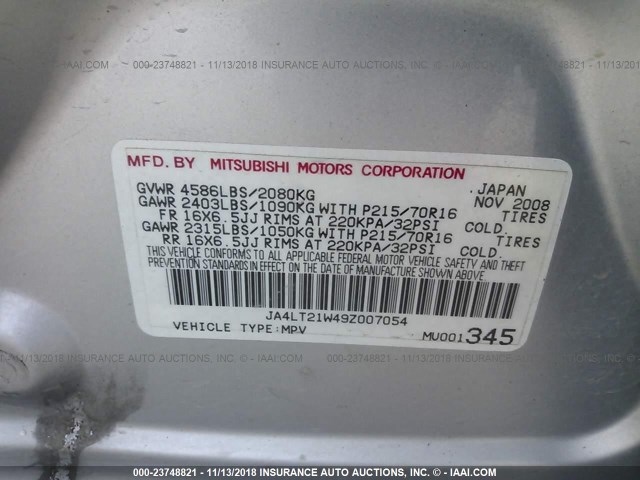 JA4LT21W49Z007054 - 2009 MITSUBISHI OUTLANDER ES SILVER photo 9