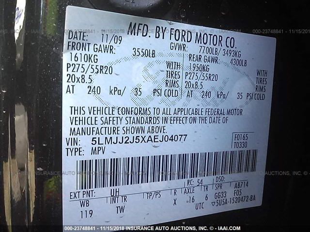 5LMJJ2J5XAEJ04077 - 2010 LINCOLN NAVIGATOR Қара фото 9