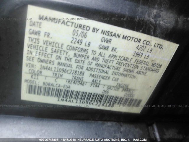 1N4AL11D96C228188 - 2006 NISSAN ALTIMA S/SL GRAY photo 9