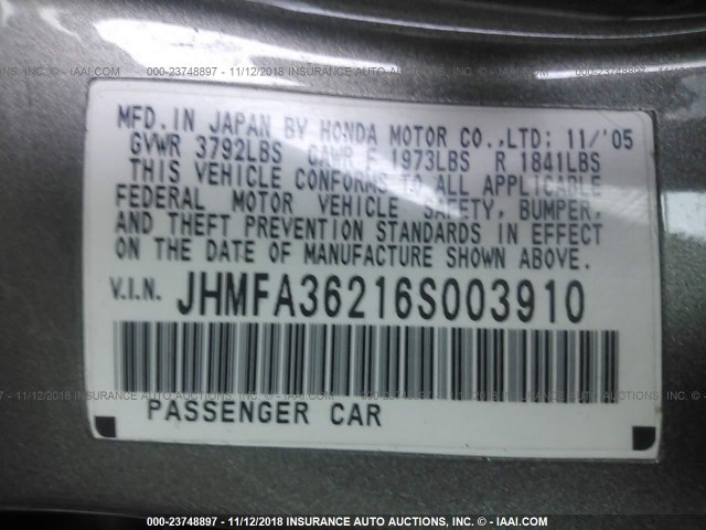 JHMFA36216S003910 - 2006 HONDA CIVIC HYBRID GRAY photo 9