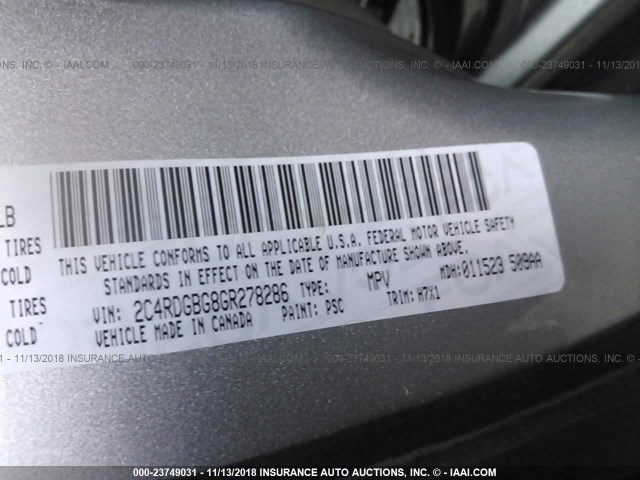 2C4RDGBG8GR278286 - 2016 DODGE GRAND CARAVAN SE GRAY photo 9