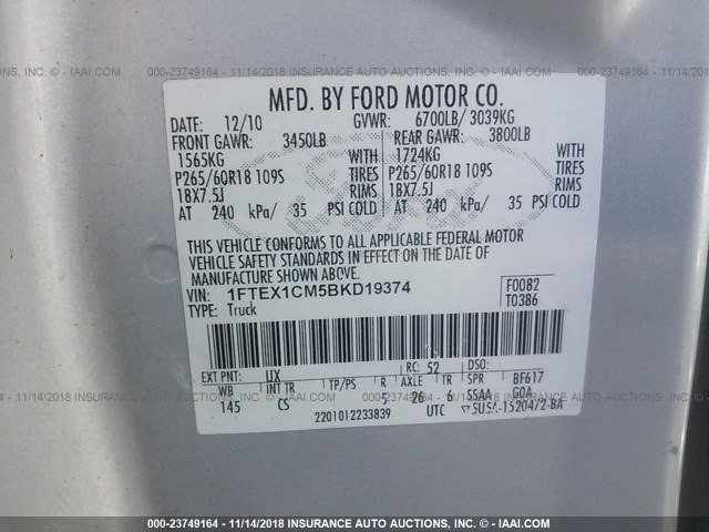 1FTEX1CM5BKD19374 - 2011 FORD F150 SUPER CAB SILVER photo 9