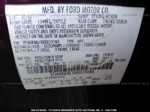 2FMHK6DC5BBD19184 - 2011 FORD FLEX LIMITED MAROON photo 9