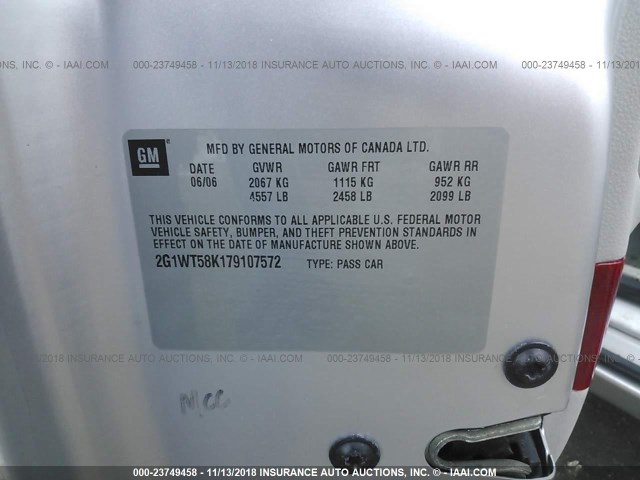 2G1WT58K179107572 - 2007 CHEVROLET IMPALA LT SILVER photo 9