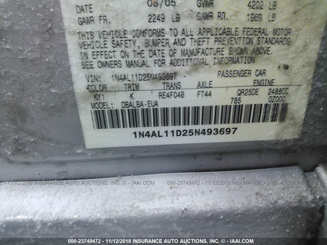 1N4AL11D25N493697 - 2005 NISSAN ALTIMA S/SL GRAY photo 9