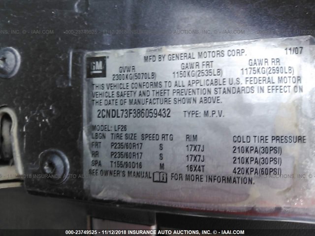 2CNDL73F386059432 - 2008 CHEVROLET EQUINOX LTZ GRAY photo 9