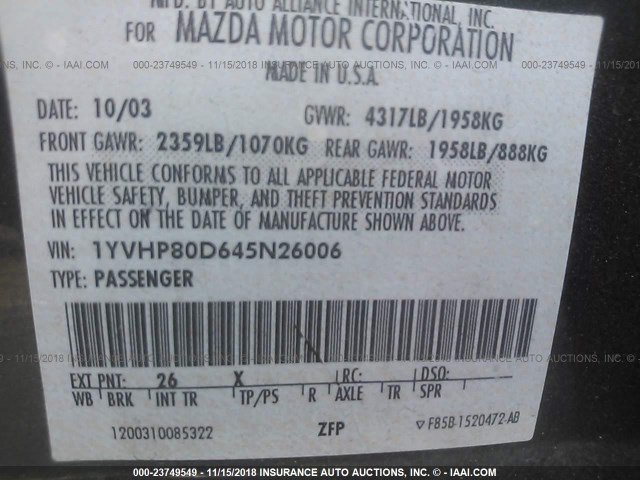 1YVHP80D645N26006 - 2004 MAZDA 6 S GRAY photo 9