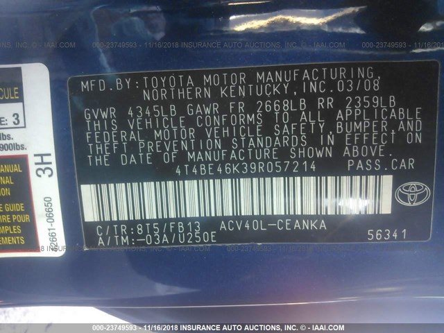 4T4BE46K39R057214 - 2009 TOYOTA CAMRY SE/LE/XLE BLUE photo 9