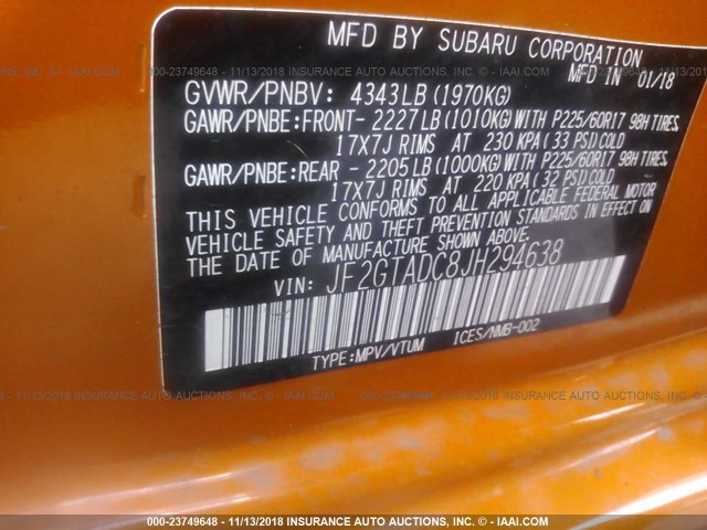 JF2GTADC8JH294638 - 2018 SUBARU CROSSTREK PREMIUM ORANGE photo 9