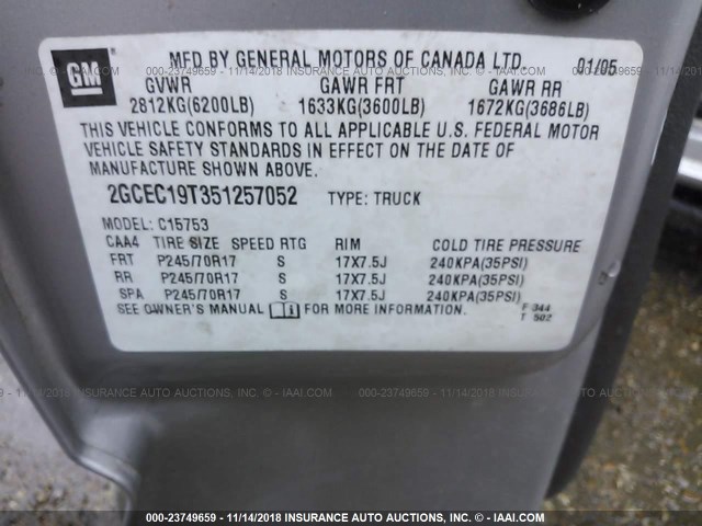 2GCEC19T351257052 - 2005 CHEVROLET SILVERADO C1500 Pewter photo 9