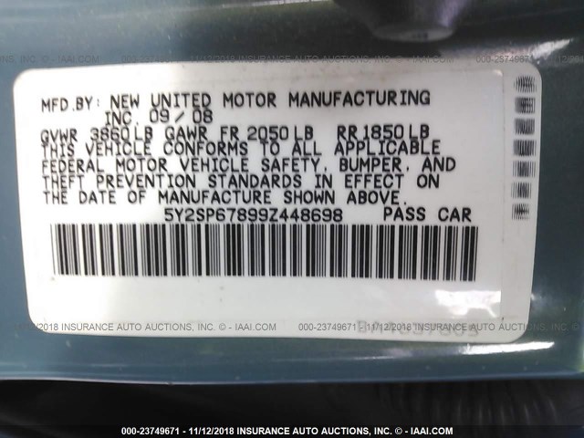 5Y2SP67899Z448698 - 2009 PONTIAC VIBE GRAY photo 9