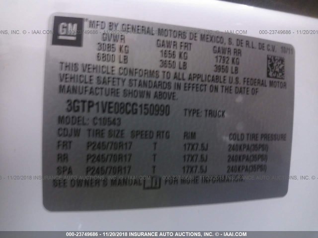 3GTP1VE08CG150990 - 2012 GMC SIERRA C1500 SLE WHITE photo 9