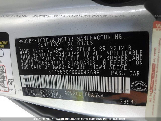 4T1BE30K66U642698 - 2006 TOYOTA CAMRY LE/XLE/SE SILVER photo 9