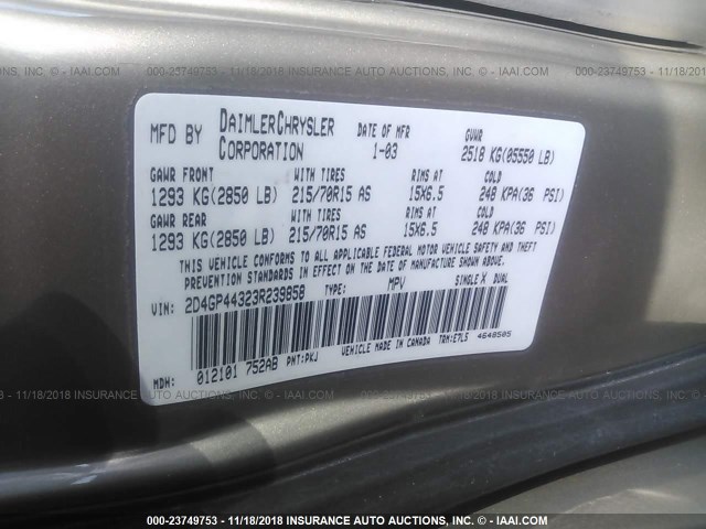 2D4GP44323R239858 - 2003 DODGE GRAND CARAVAN SPORT GOLD photo 9