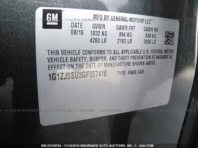 1G1ZJ5SU3GF357416 - 2016 CHEVROLET MALIBU HYBRID GRAY photo 9