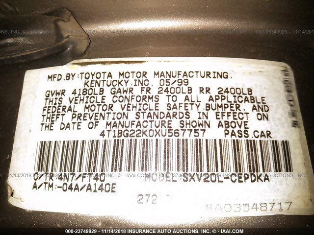 4T1BG22K0XU567757 - 1999 TOYOTA CAMRY CE/LE/XLE TAN photo 9