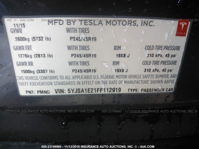 5YJSA1E21FF112919 - 2015 TESLA MODEL S GRAY photo 9