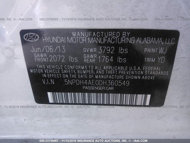 5NPDH4AE0DH360549 - 2013 HYUNDAI ELANTRA GLS/LIMITED WHITE photo 9