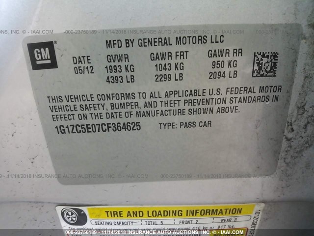 1G1ZC5E07CF364625 - 2012 CHEVROLET MALIBU 1LT SILVER photo 9