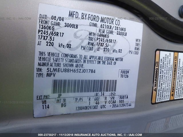 5LMEU88H65ZJ01784 - 2005 LINCOLN AVIATOR 银色 照片 9