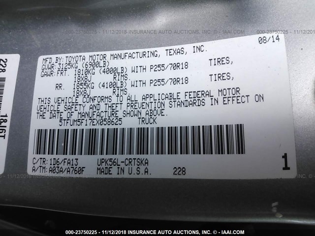 5TFUM5F17EX058625 - 2014 TOYOTA TUNDRA DOUBLE CAB SR/SR5 SILVER photo 9