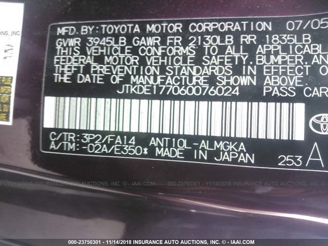 JTKDE177060076024 - 2006 TOYOTA SCION TC 紫色 照片 9