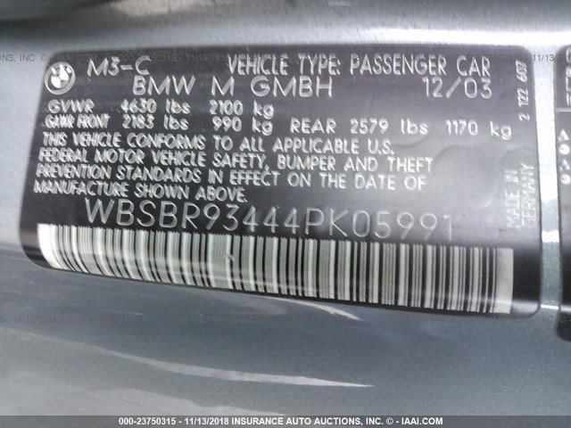 WBSBR93444PK05991 - 2004 BMW M3 GRAY photo 9