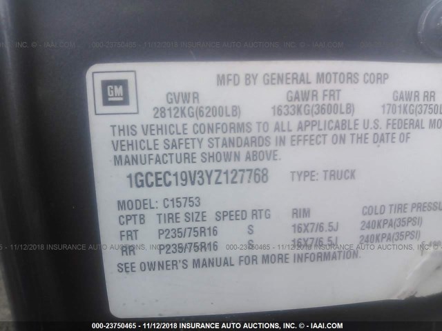 1GCEC19V3YZ127768 - 2000 CHEVROLET SILVERADO C1500 GRAY photo 9