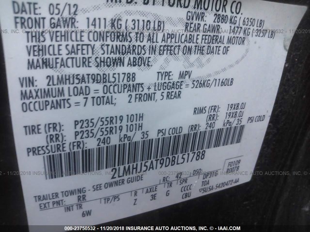 2LMHJ5AT9DBL51788 - 2013 LINCOLN MKT RED photo 9