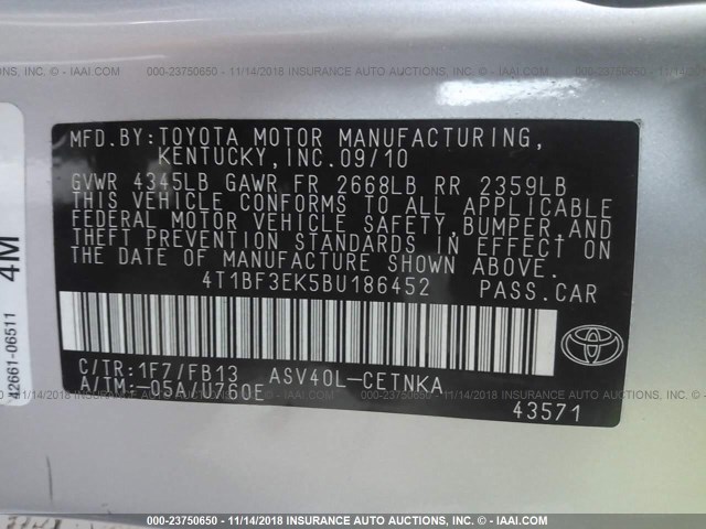 4T1BF3EK5BU186452 - 2011 TOYOTA CAMRY SE/LE/XLE SILVER photo 9