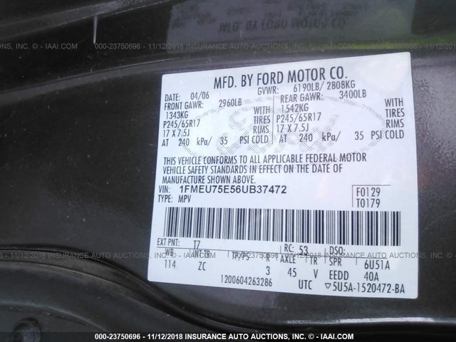 1FMEU75E56UB37472 - 2006 FORD EXPLORER LIMITED BROWN photo 9