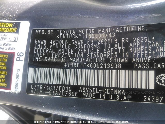 4T1BF1FK6DU213938 - 2013 TOYOTA CAMRY L/SE/LE/XLE Boz foto 9